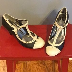 Black and cream t strap heels